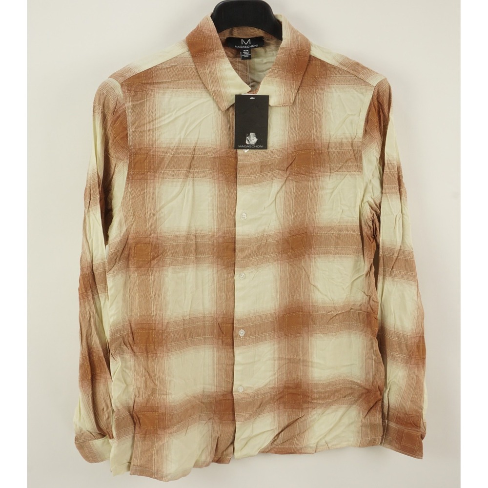 New Magaschoni Men's Medium Long Sleeve Ivory Clay Shadow Plaid Button Up Shirt
